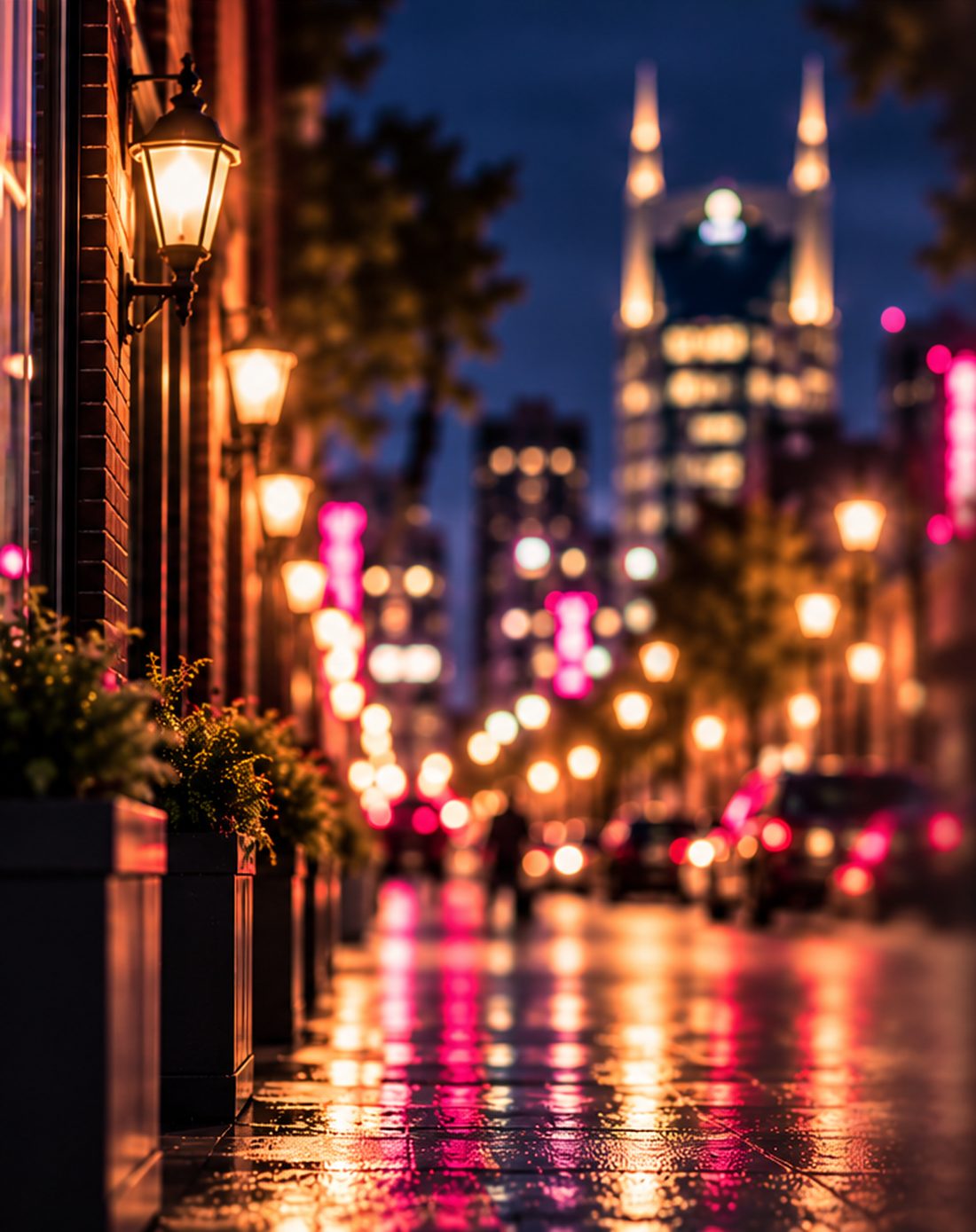 A quiet city street at night: lamplit sidewalk, blurred traffic and neon reflected on wet pavement