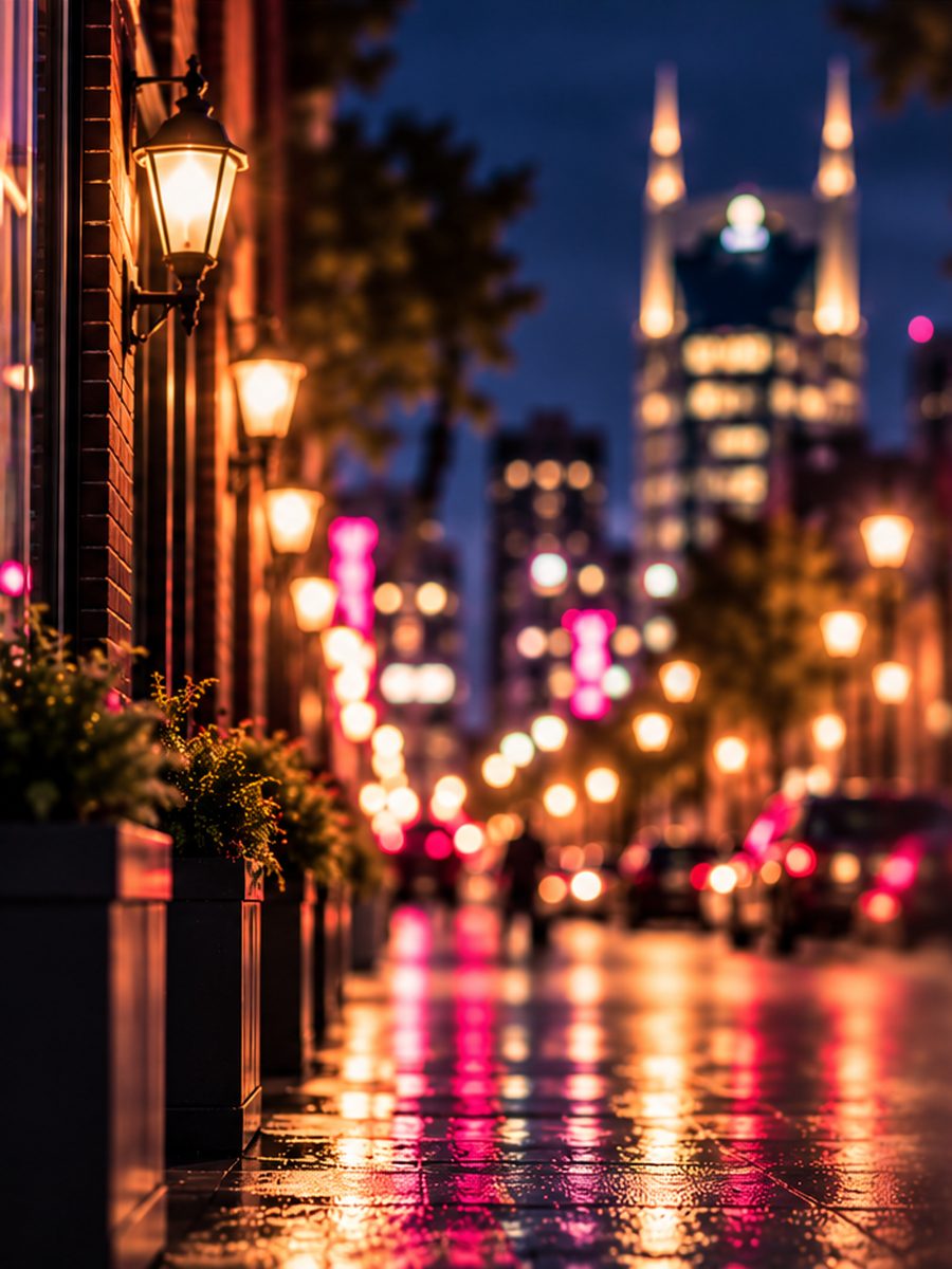 Two people walking together down a dimly lit street at night