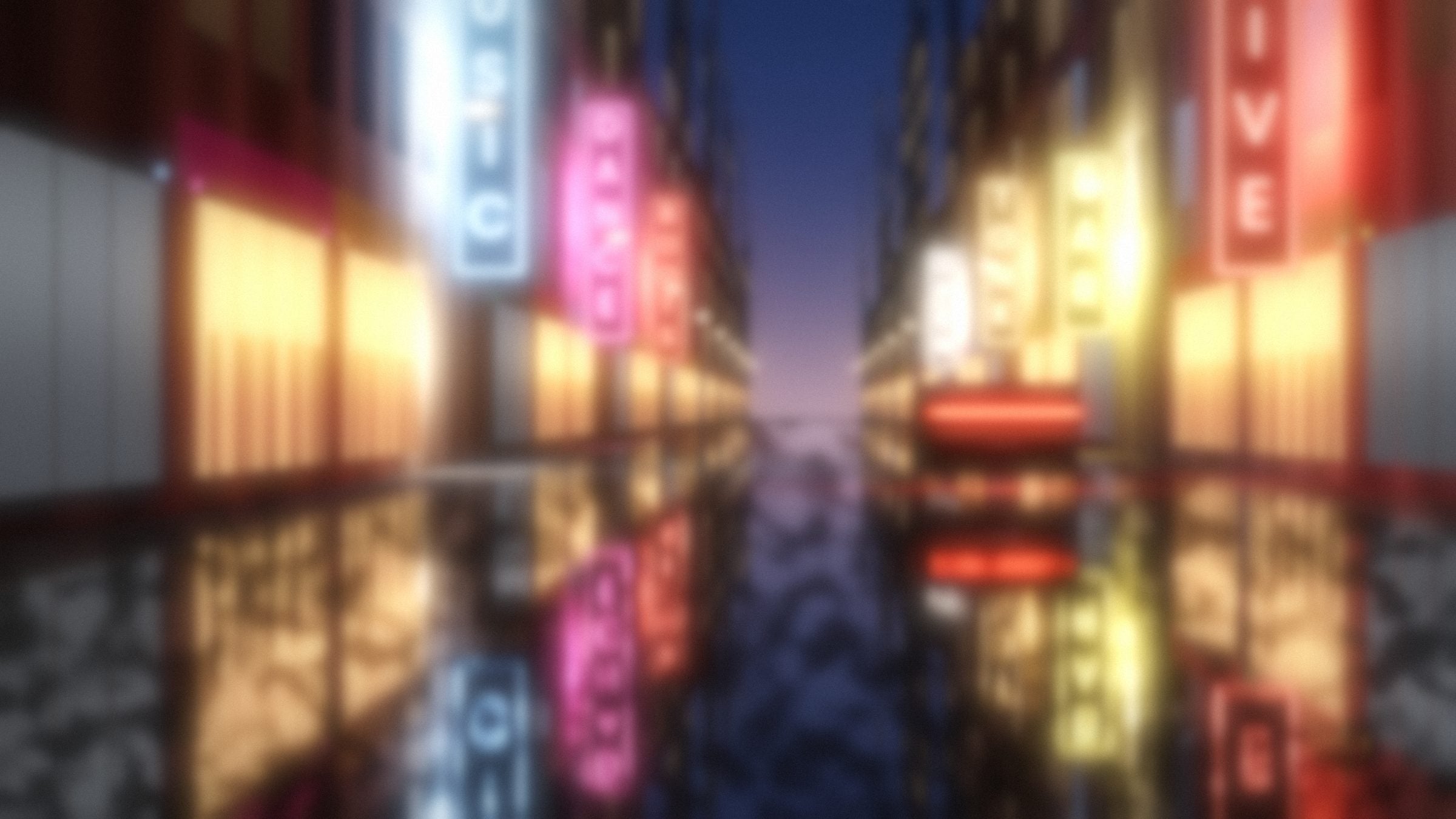 City lights and neon reflected on a wet street at night